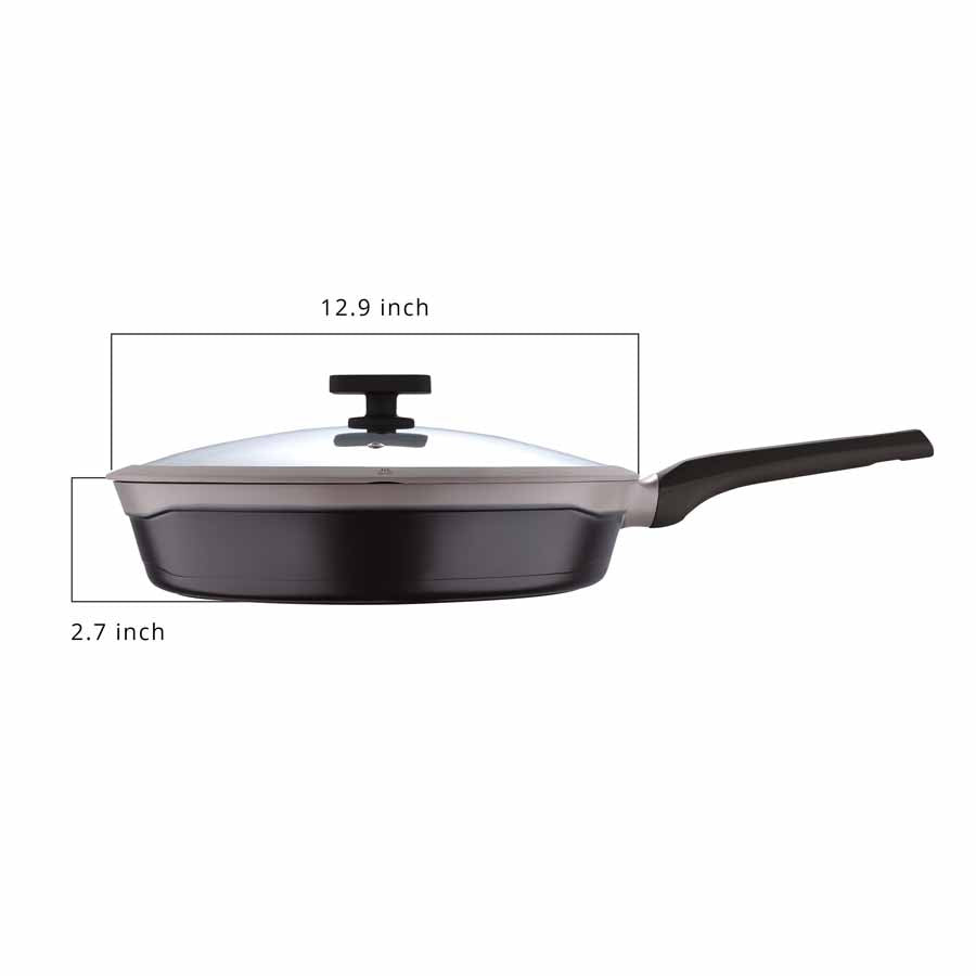 MasterPRO Gastro Titanium Collection Durable Cast Aluminum 12.5-inch Fry Pan with Tempered Glass Lid - 12.5 inch - Brown