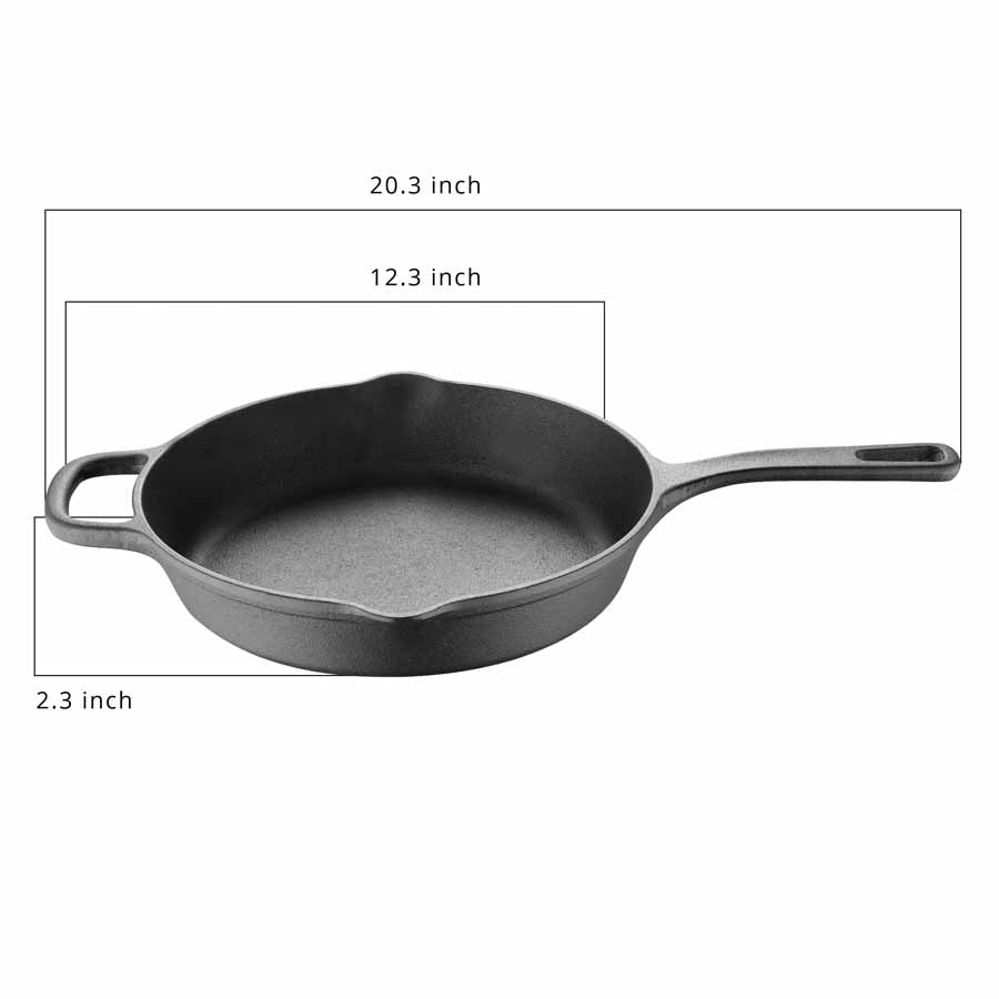 BBQ by MasterPRO - 12" Pre Seasoned Cast Iron Fry Pan with Helper Handle and Dual Spouts, Black