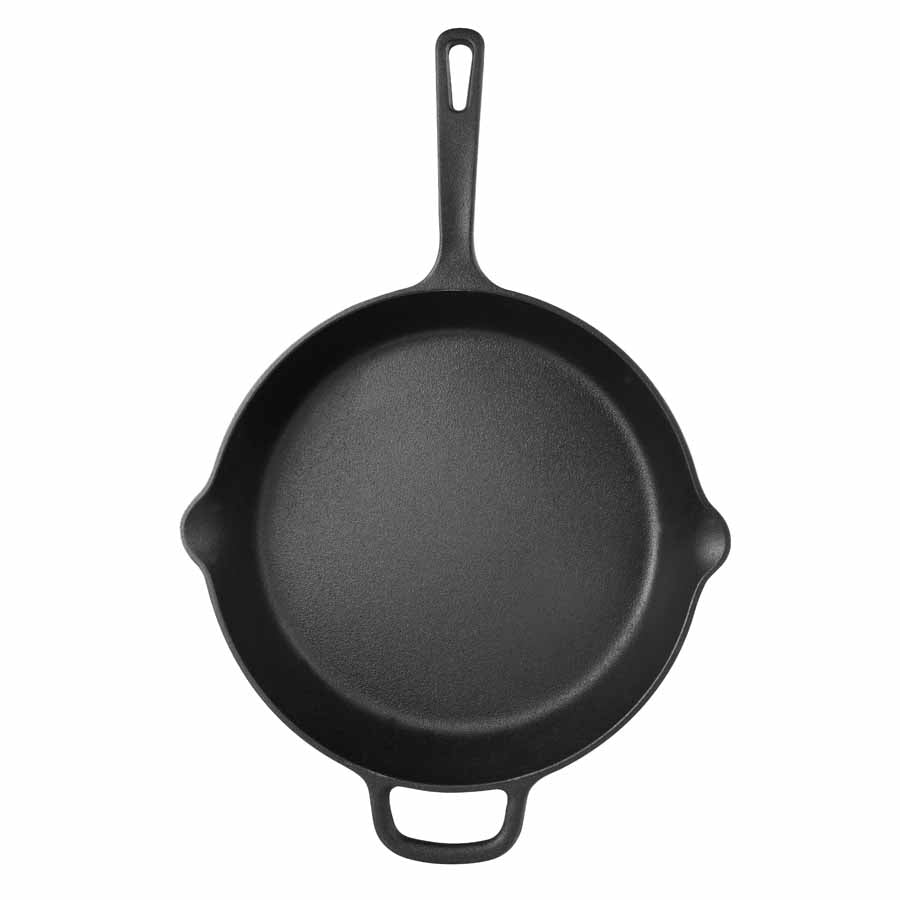 BBQ by MasterPRO - 12" Pre Seasoned Cast Iron Fry Pan with Helper Handle and Dual Spouts, Black