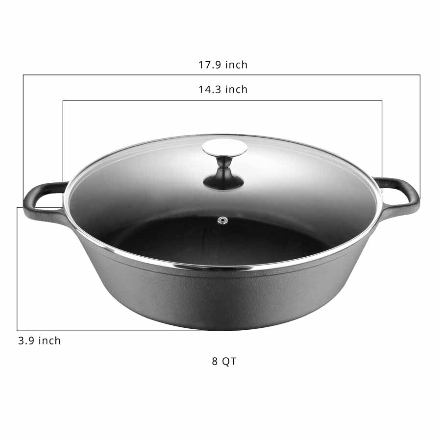 BBQ by MasterPRO - 14", 8Qt Pre Seasoned Cast Iron Family Pot with Vented Glass Lid