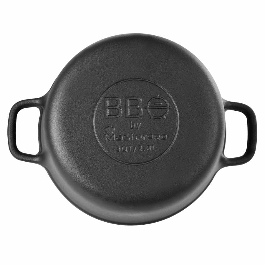 BBQ by MasterPRO - 3 Qt Pre Seasoned Cast Iron Round Dutch Oven with Self Basting Lid and Stainless Steel Handle, 3 Quarts, Black