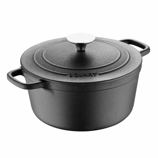 BBQ by MasterPRO - 3 Qt Pre Seasoned Cast Iron Round Dutch Oven with Self Basting Lid and Stainless Steel Handle, 3 Quarts, Black